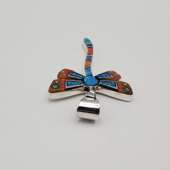 Dragonfly Blue Opal Orange Gemstone Micro Inlay Sterling Silver Pendant - Picture 5 of 7